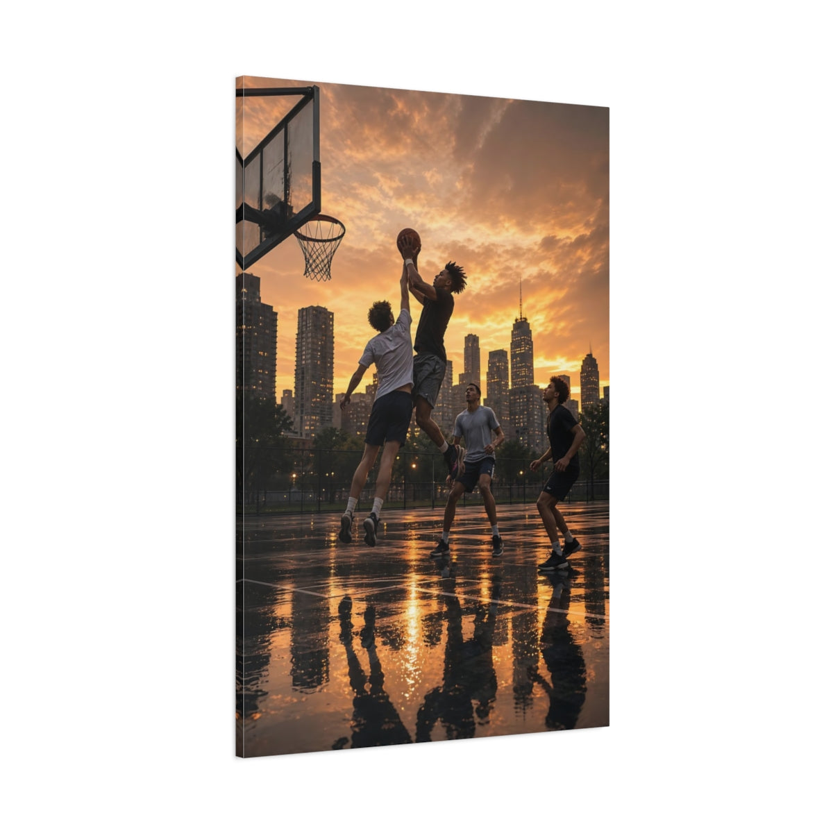 Sports Basketball Players Golden Hour Canvas Wall Art Print - Living Room shown as canvas wall art