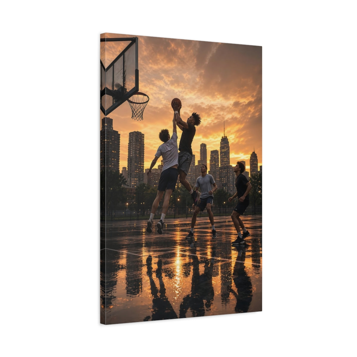 Sports Basketball Players Golden Hour Canvas Wall Art Print - Living Room shown as canvas wall art