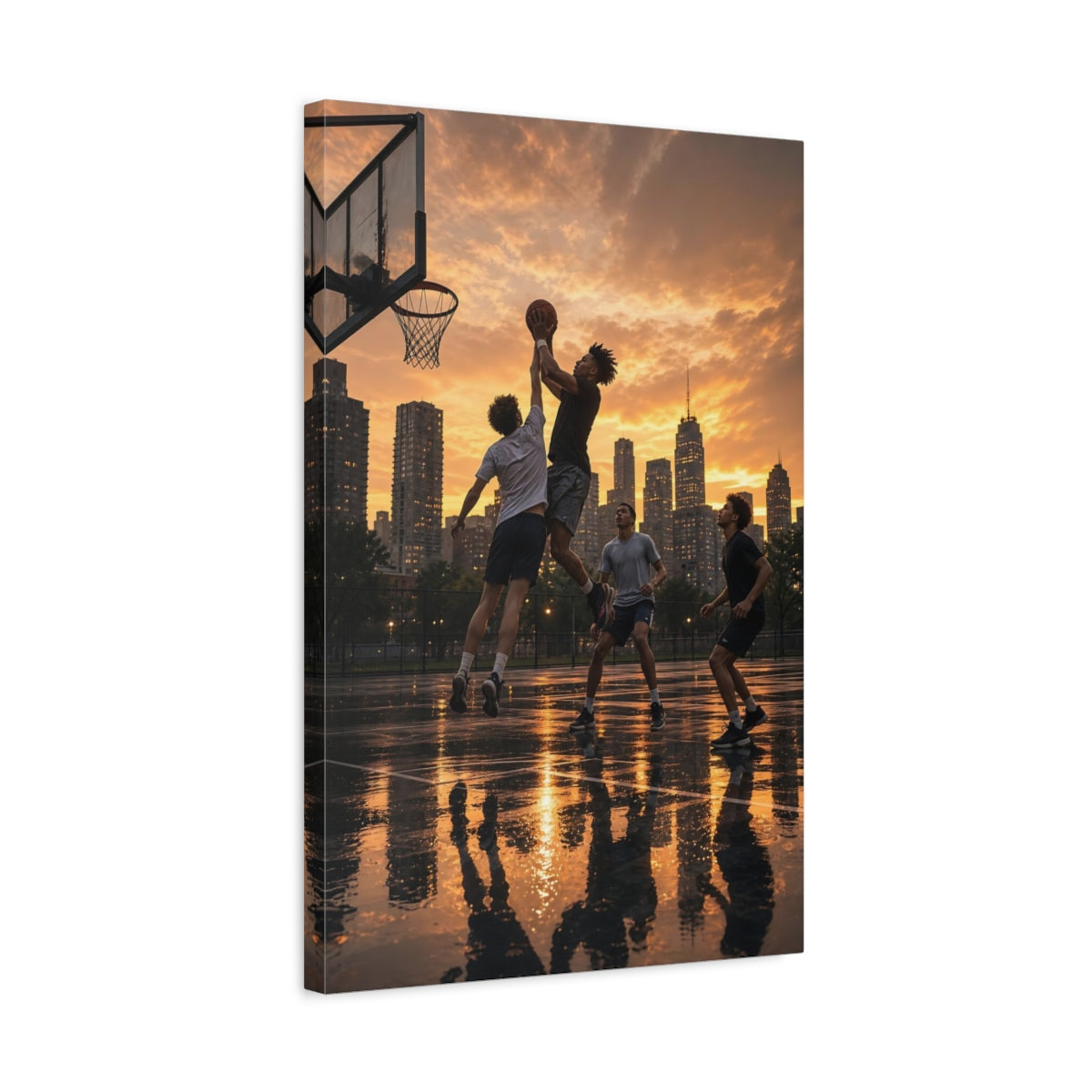 Sports Basketball Players Golden Hour Canvas Wall Art Print - Living Room shown as canvas wall art