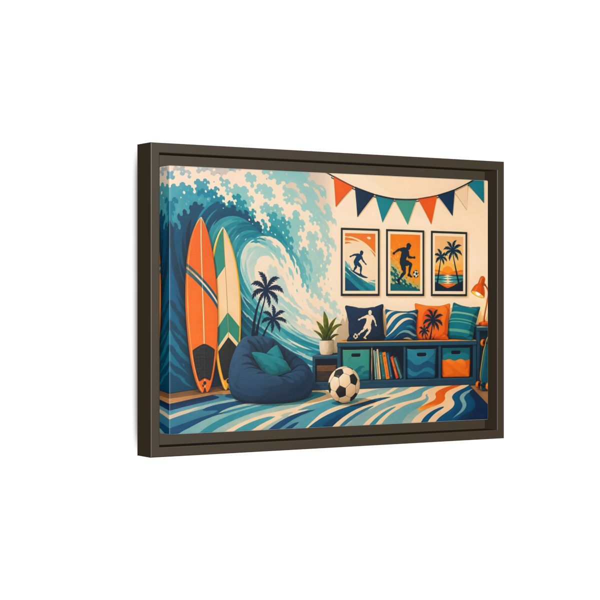 Side Mockup 5. Sports Beach Sports Scene Blue Orange Sports shown as framed canvas print