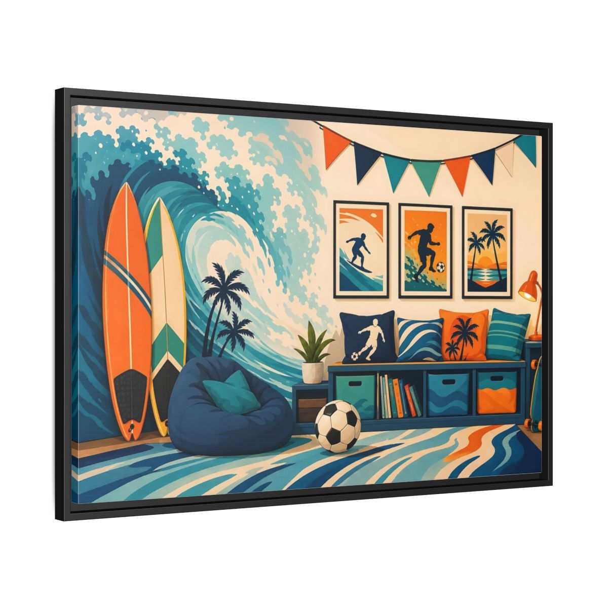 Side Mockup 13. Sports Beach Sports Scene Blue Orange Sports shown as framed canvas print