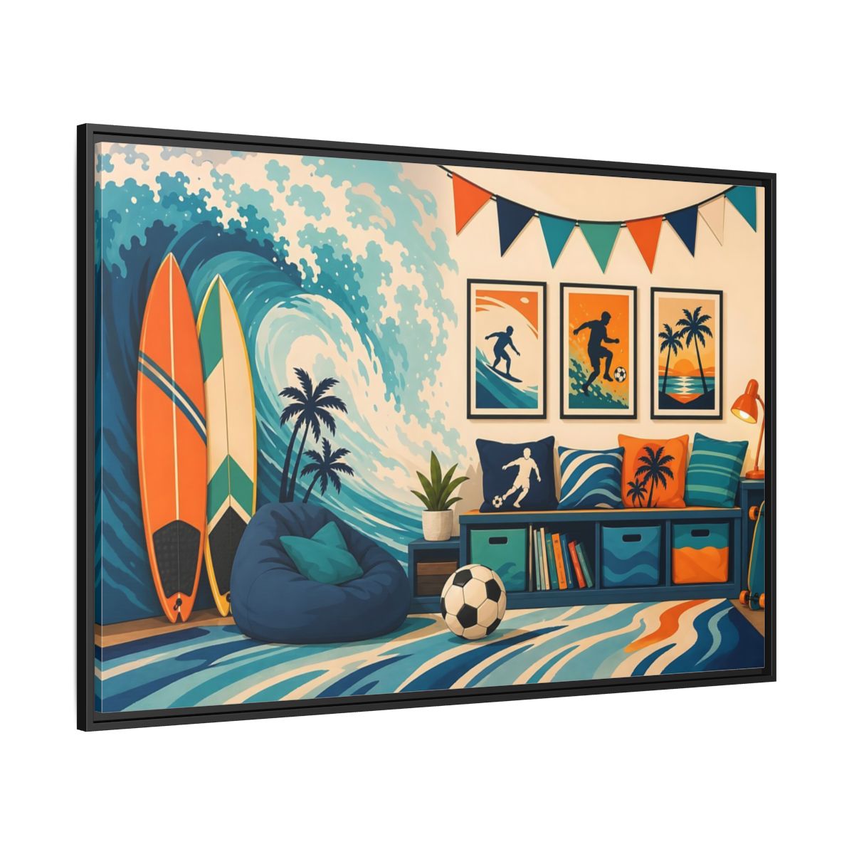 Side Mockup 12. Sports Beach Sports Scene Blue Orange Sports shown as framed canvas print
