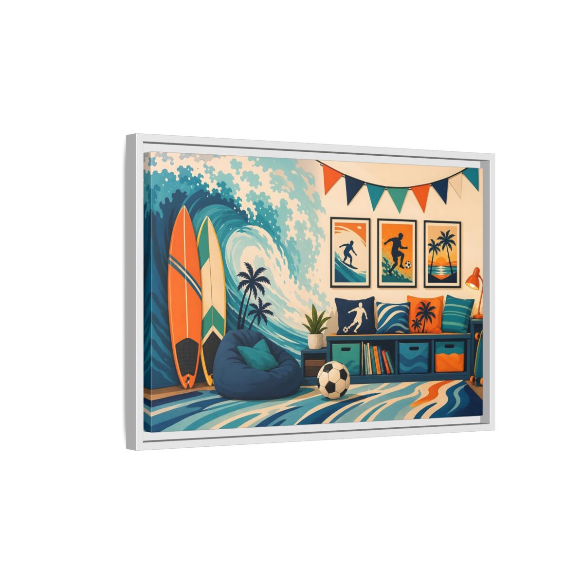Side Mockup 1. Sports Beach Sports Scene Blue Orange Sports shown as framed canvas print
