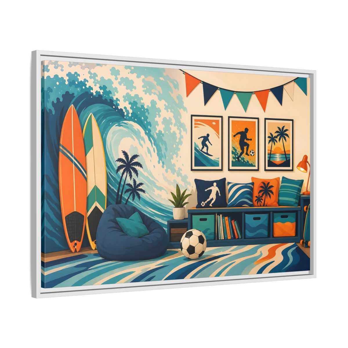 Side Mockup 9. Sports Beach Sports Scene Blue Orange Sports shown as framed canvas print