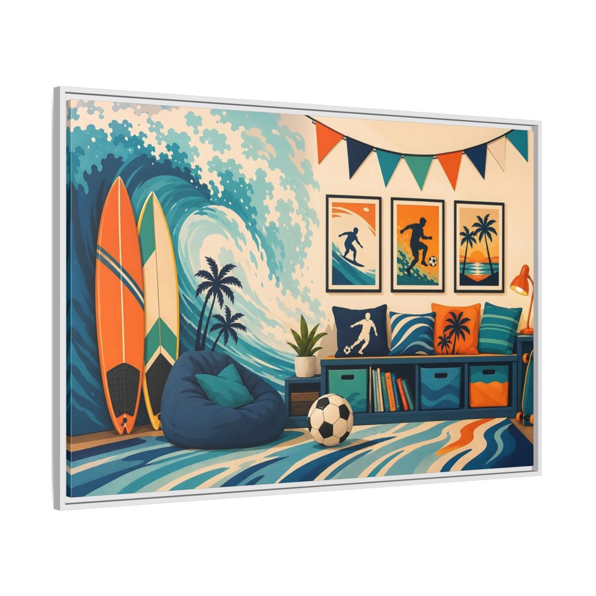 Side Mockup 7. Sports Beach Sports Scene Blue Orange Sports shown as framed canvas print