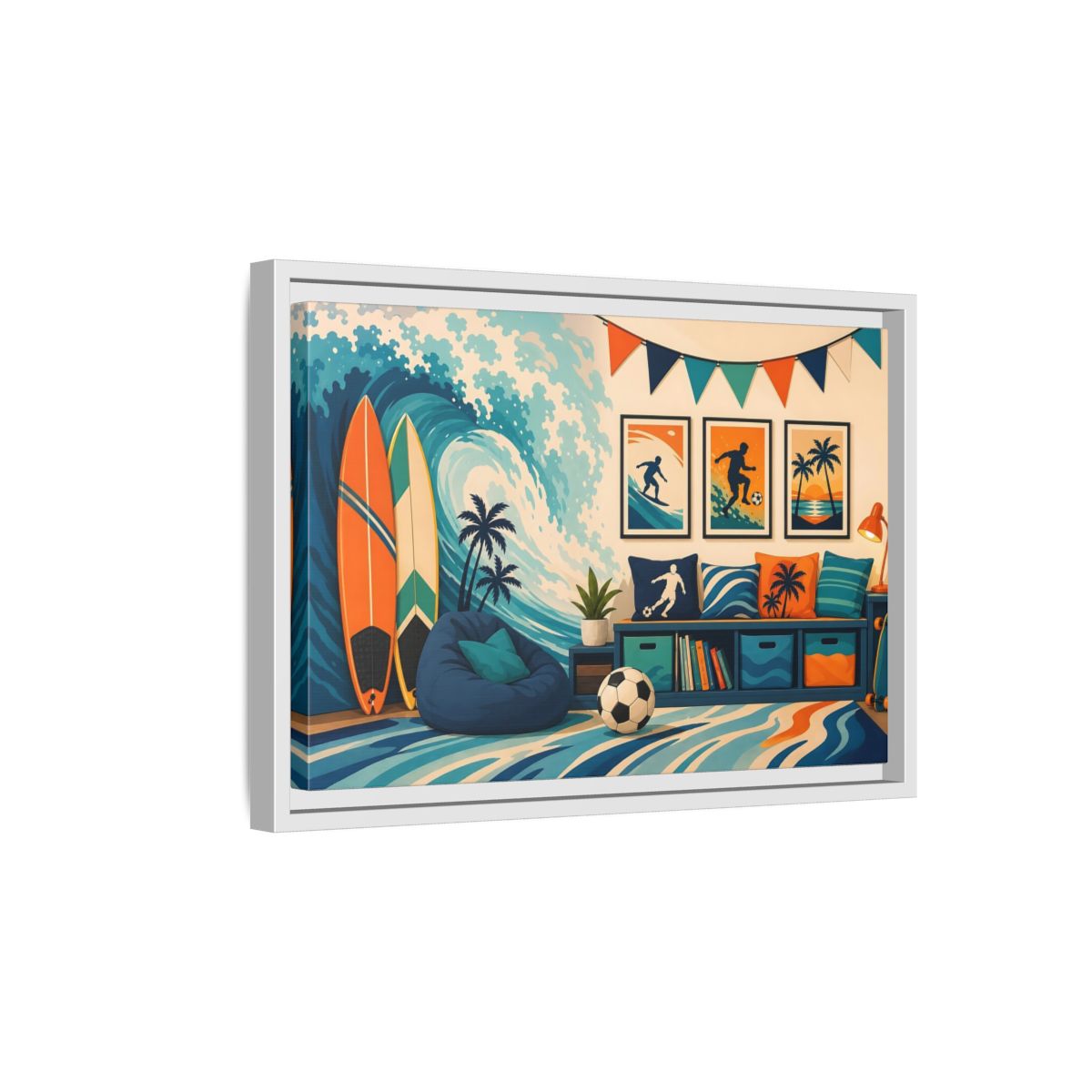Side Mockup 4. Sports Beach Sports Scene Blue Orange Sports shown as framed canvas print
