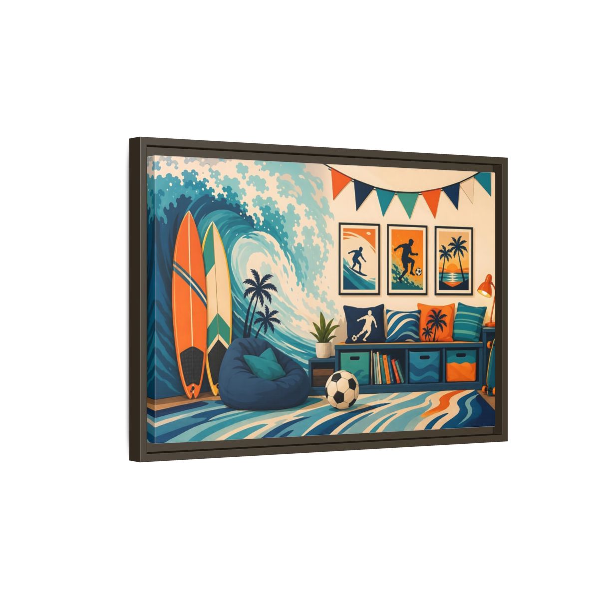 Side Mockup 2. Sports Beach Sports Scene Blue Orange Sports shown as framed canvas print