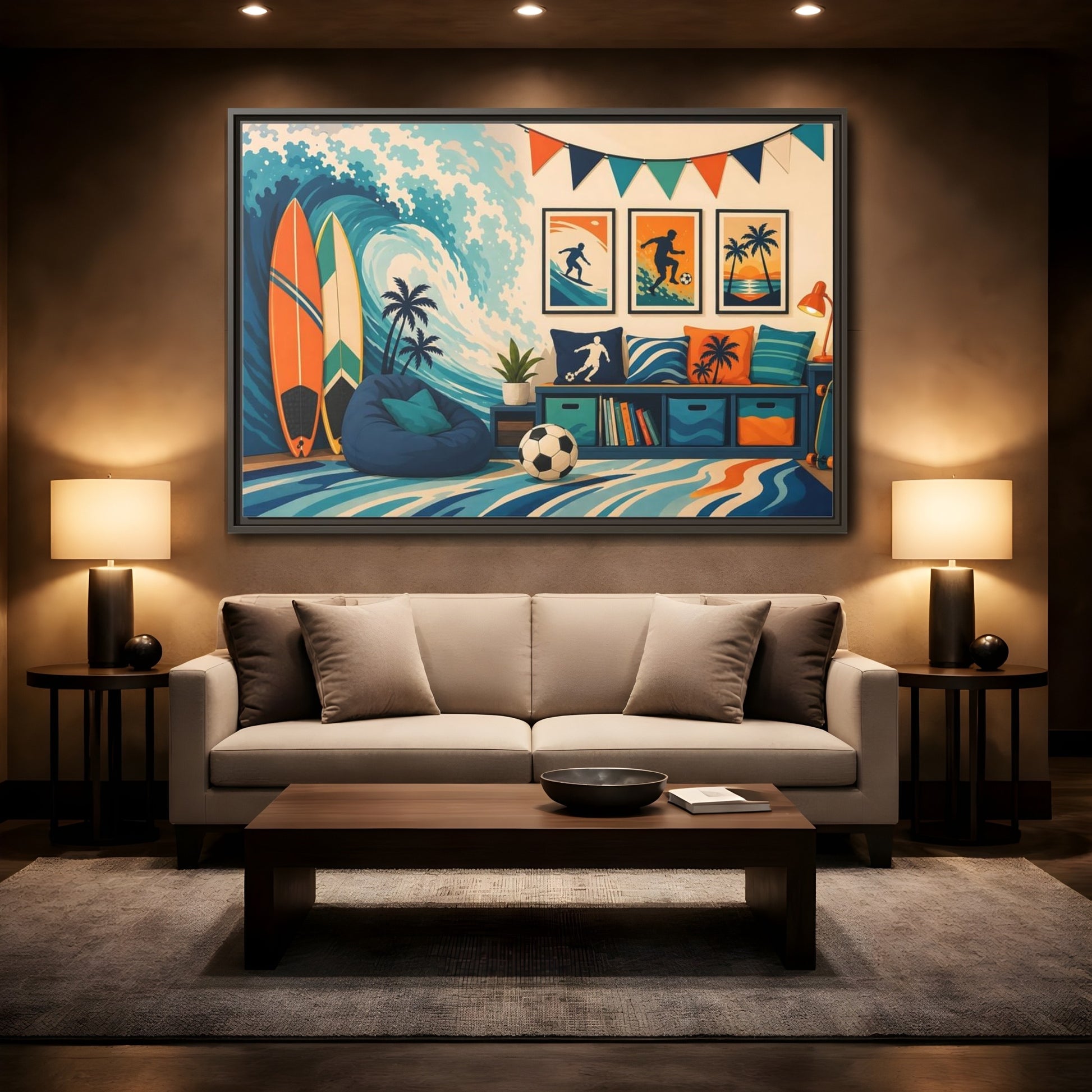Mockup 2. Sports Beach Sports Scene Blue Orange Sports shown as framed canvas print