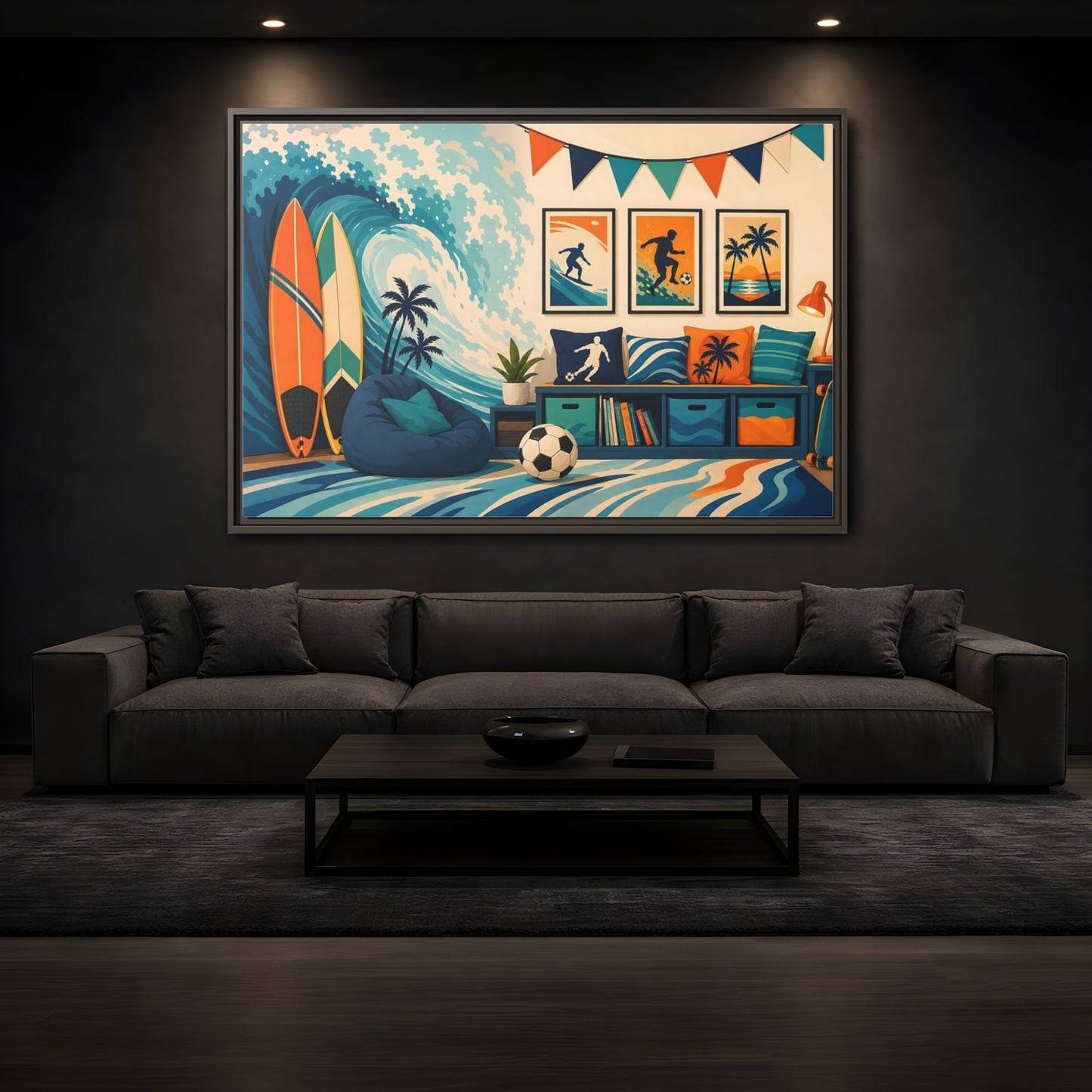 Mockup 3. Sports Beach Sports Scene Blue Orange Sports shown as framed canvas print
