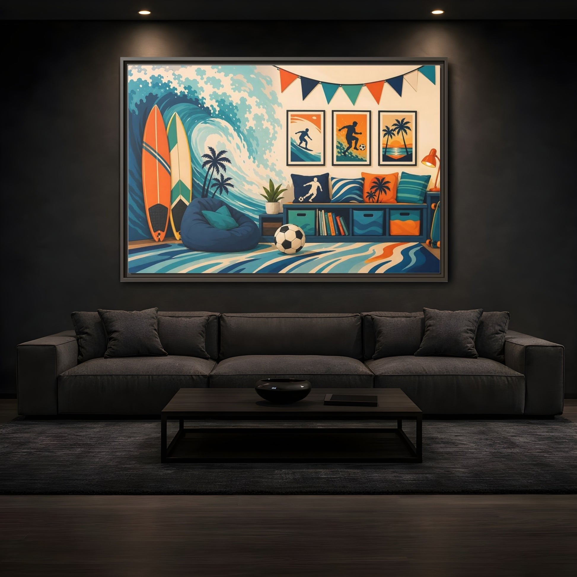Mockup 3. Sports Beach Sports Scene Blue Orange Sports shown as framed canvas print