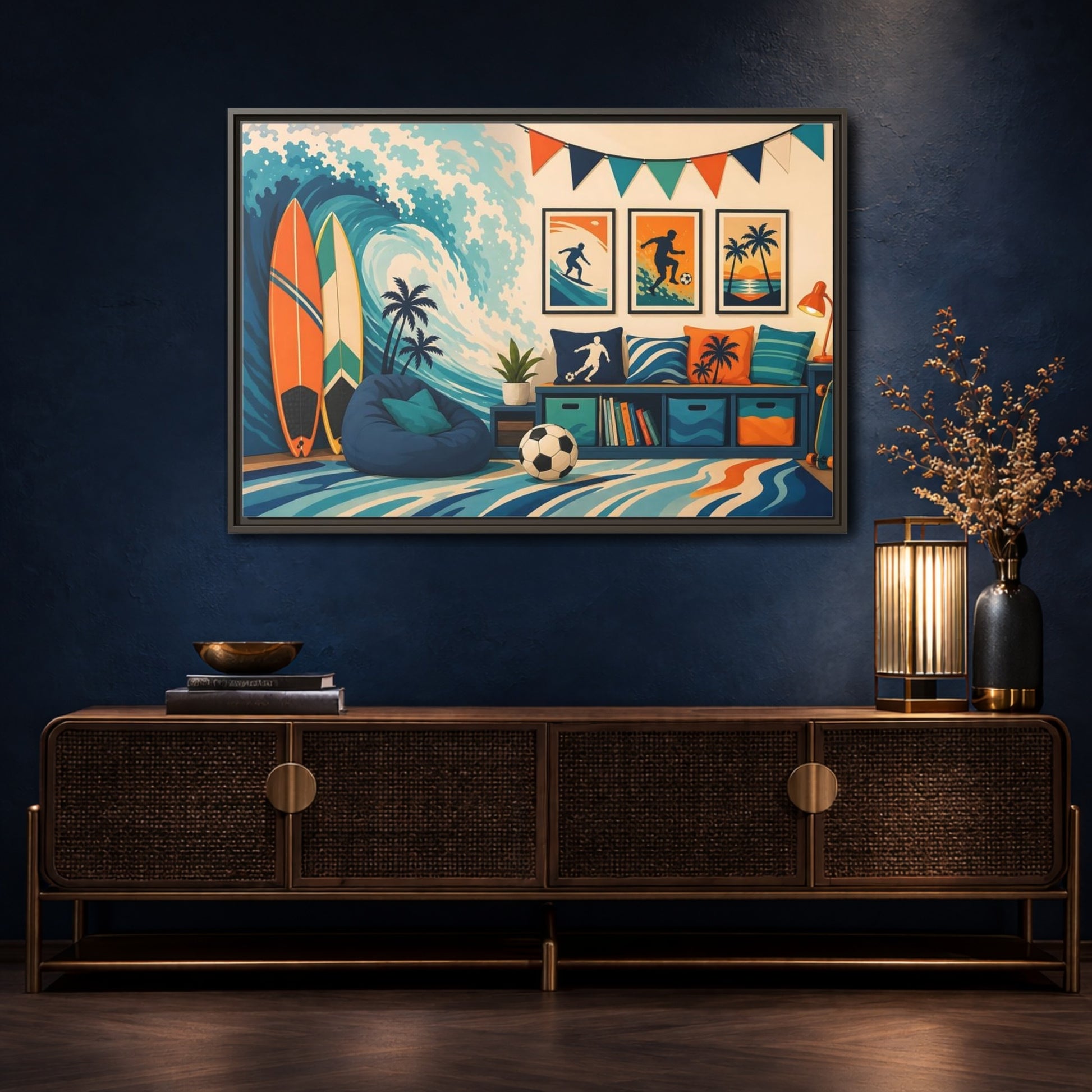 Mockup 4. Sports Beach Sports Scene Blue Orange Sports shown as framed canvas print