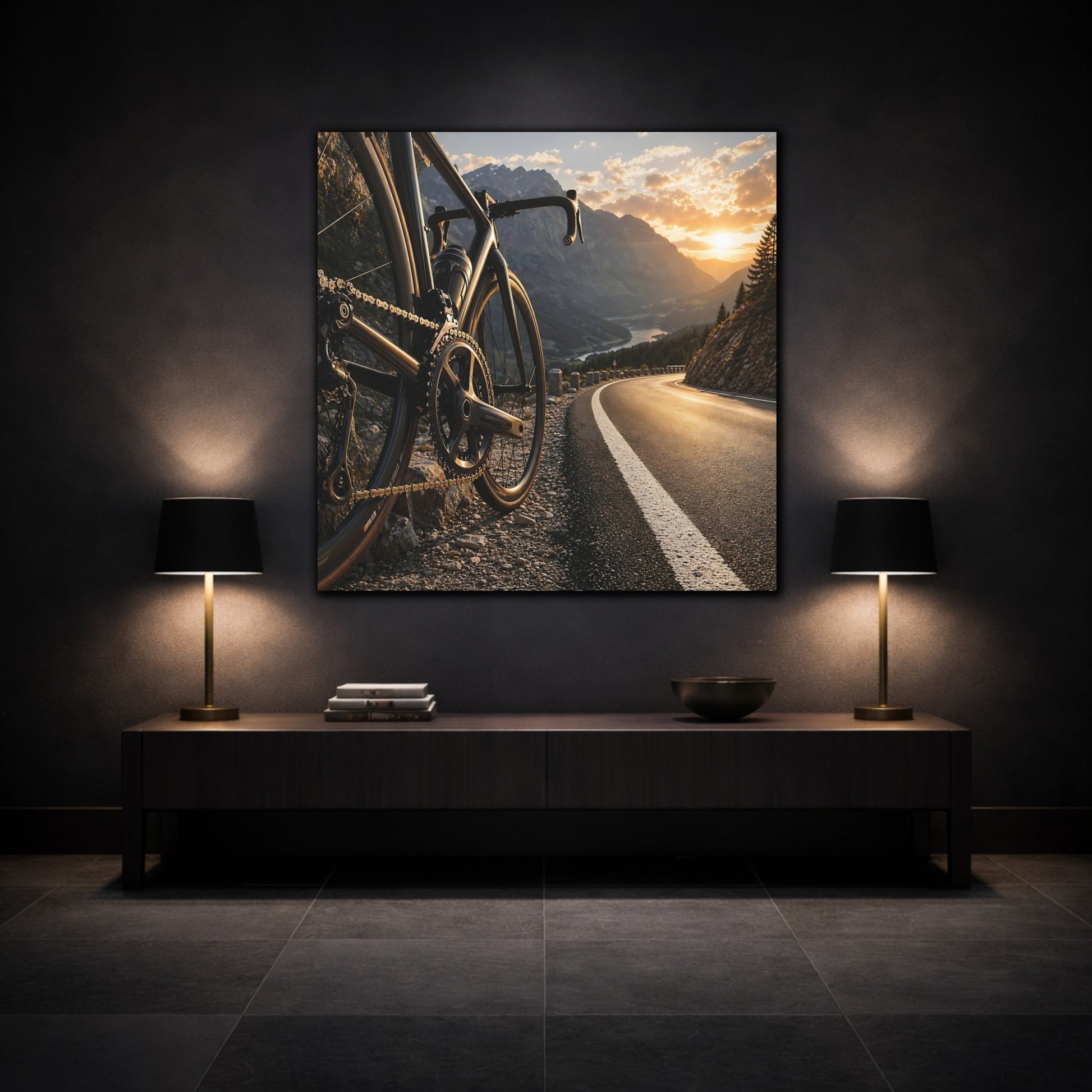 Mockup 3. Sports Bicycle Bicycle Mountain Road shown as canvas print