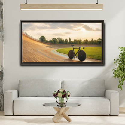Mockup 2. Sports Bicycle Velodrome Sunset shown as framed canvas print