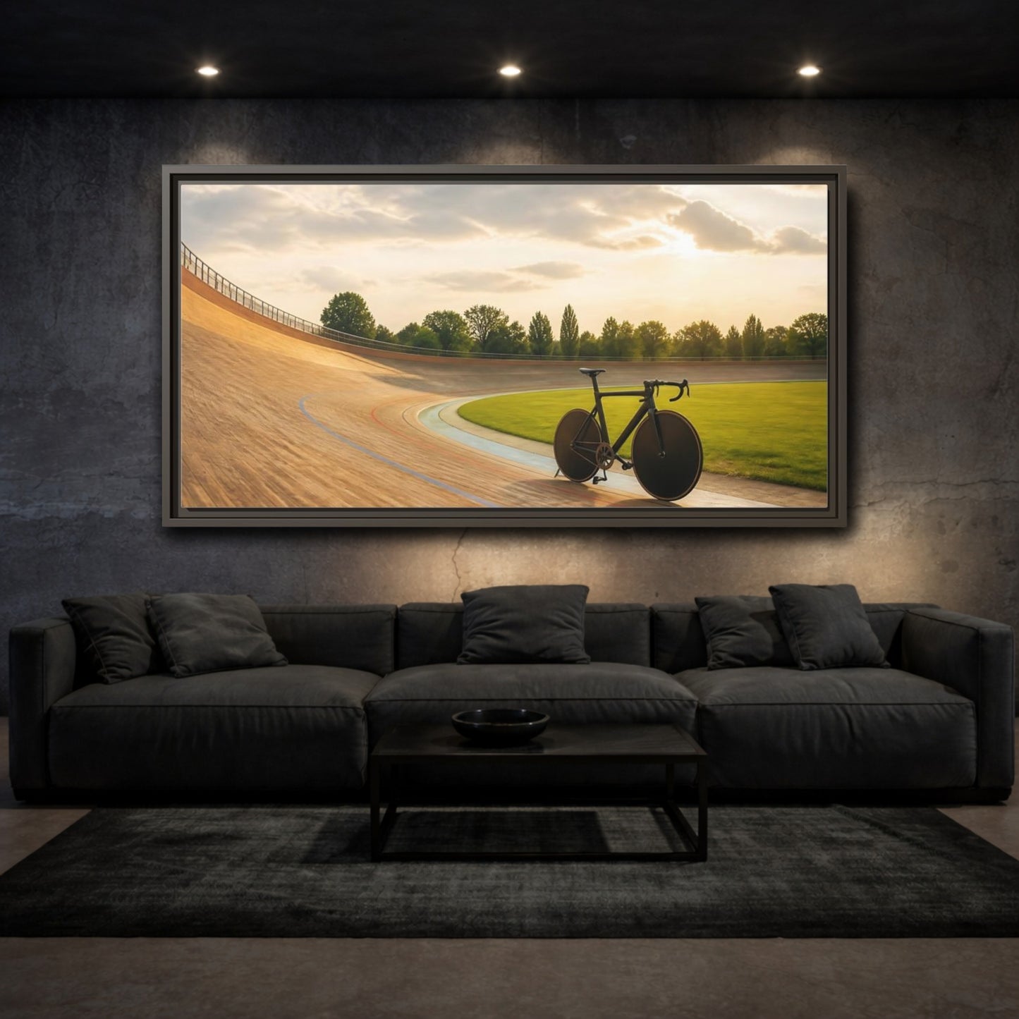 Mockup 3. Sports Bicycle Velodrome Sunset shown as framed canvas print