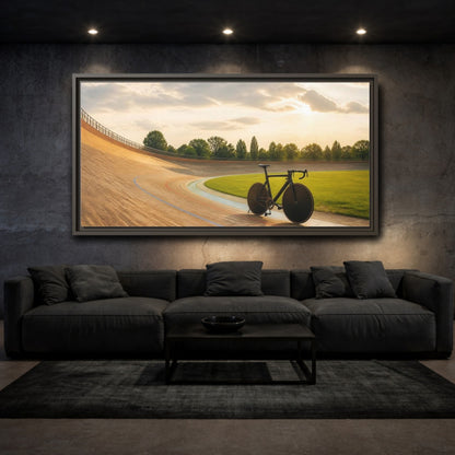 Mockup 3. Sports Bicycle Velodrome Sunset shown as framed canvas print