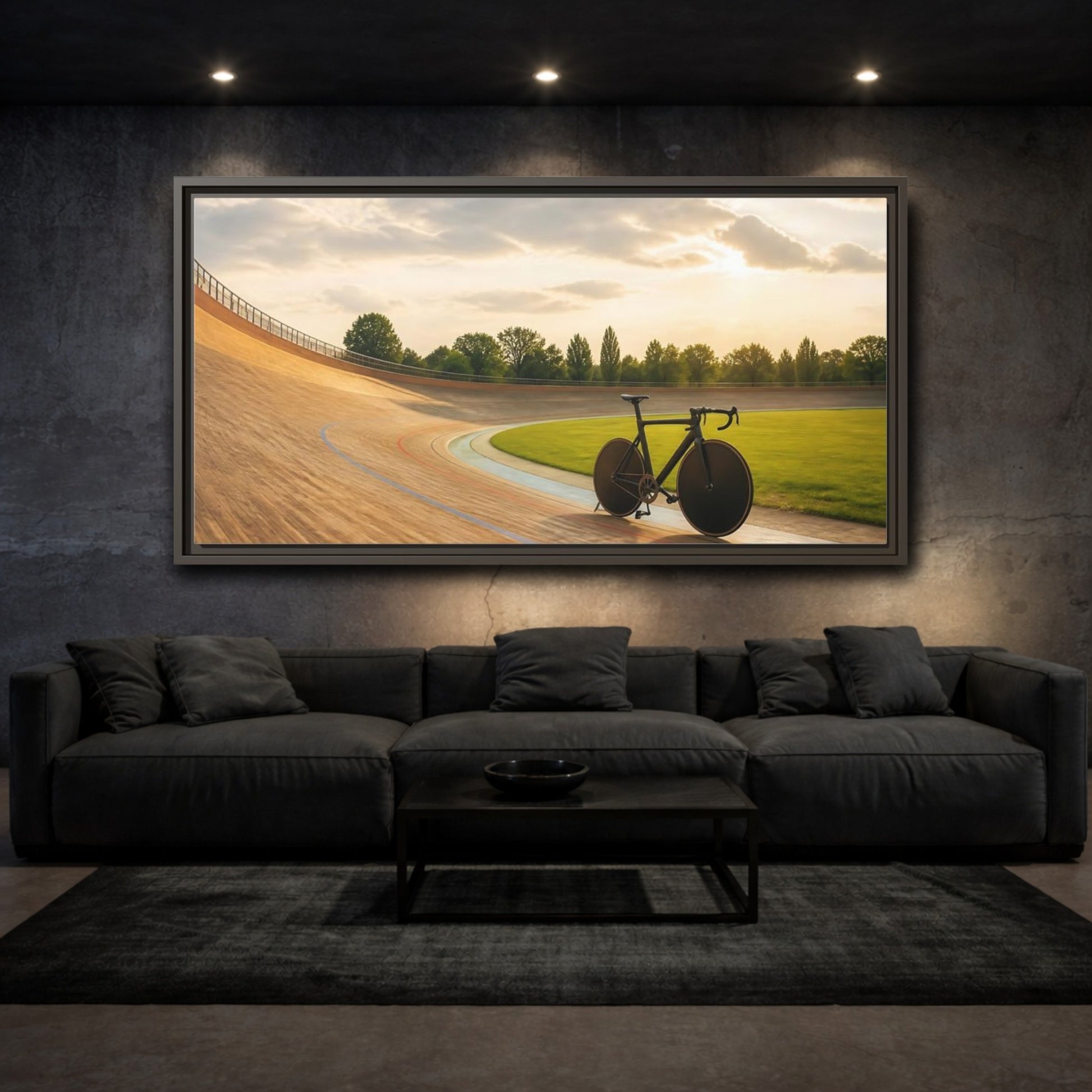 Mockup 4. Sports Bicycle Velodrome Sunset shown as framed canvas print