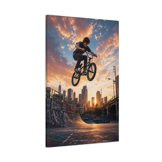 Main Mockup. Sports Bmx Rider Urban Bmx Sunset shown as stretched canvas wall art