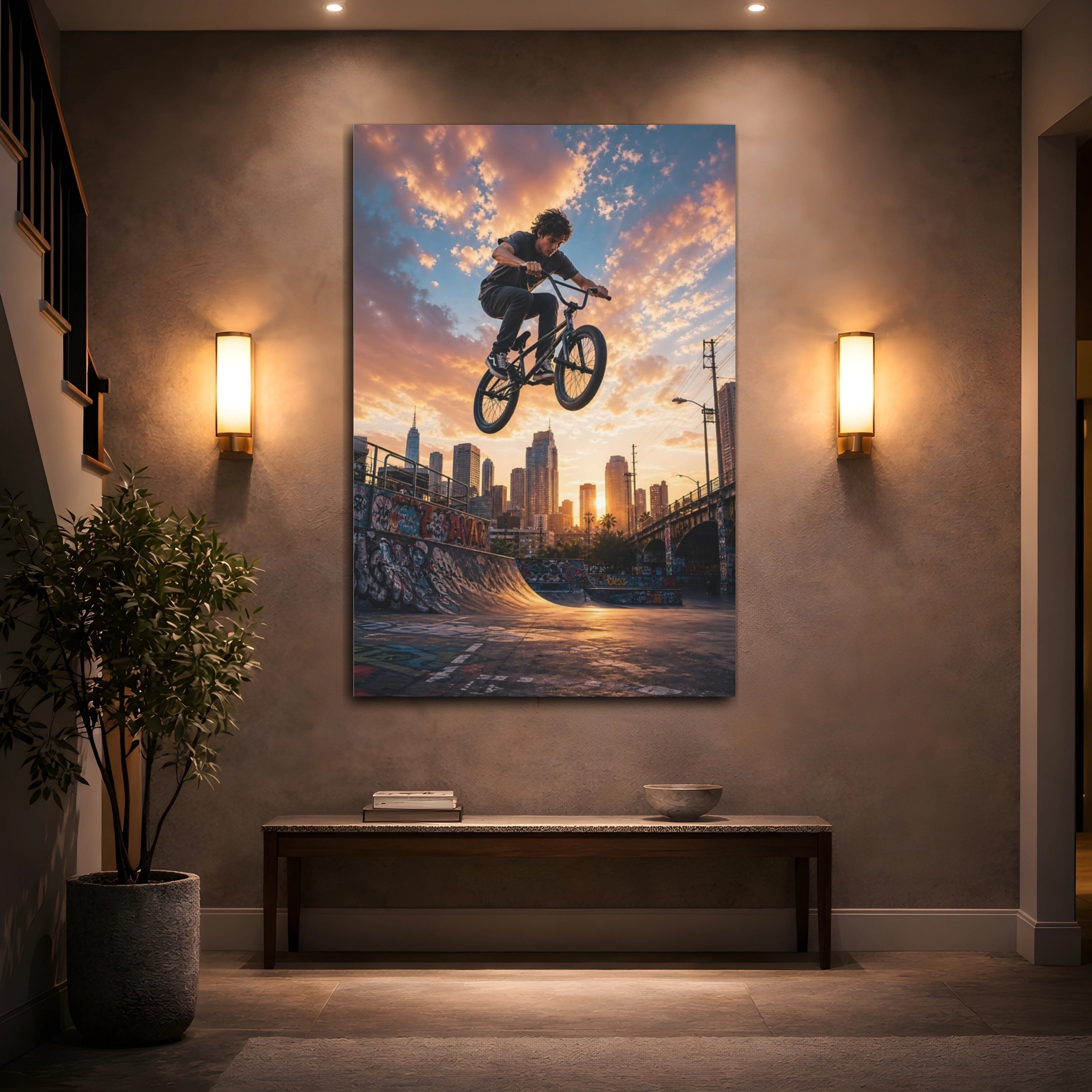 Mockup 2. Sports Bmx Rider Urban Bmx Sunset shown as stretched canvas wall art