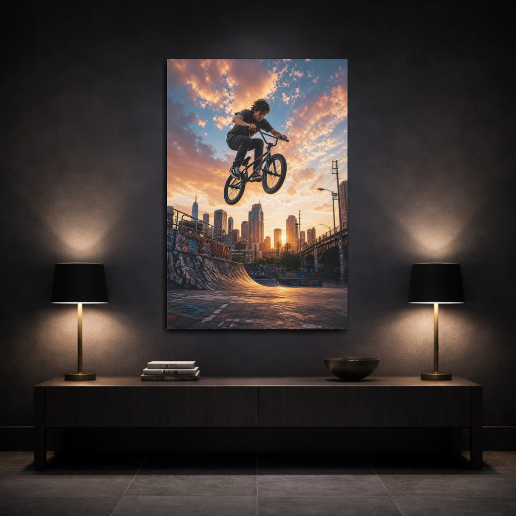 Mockup 3. Sports Bmx Rider Urban Bmx Sunset shown as stretched canvas wall art