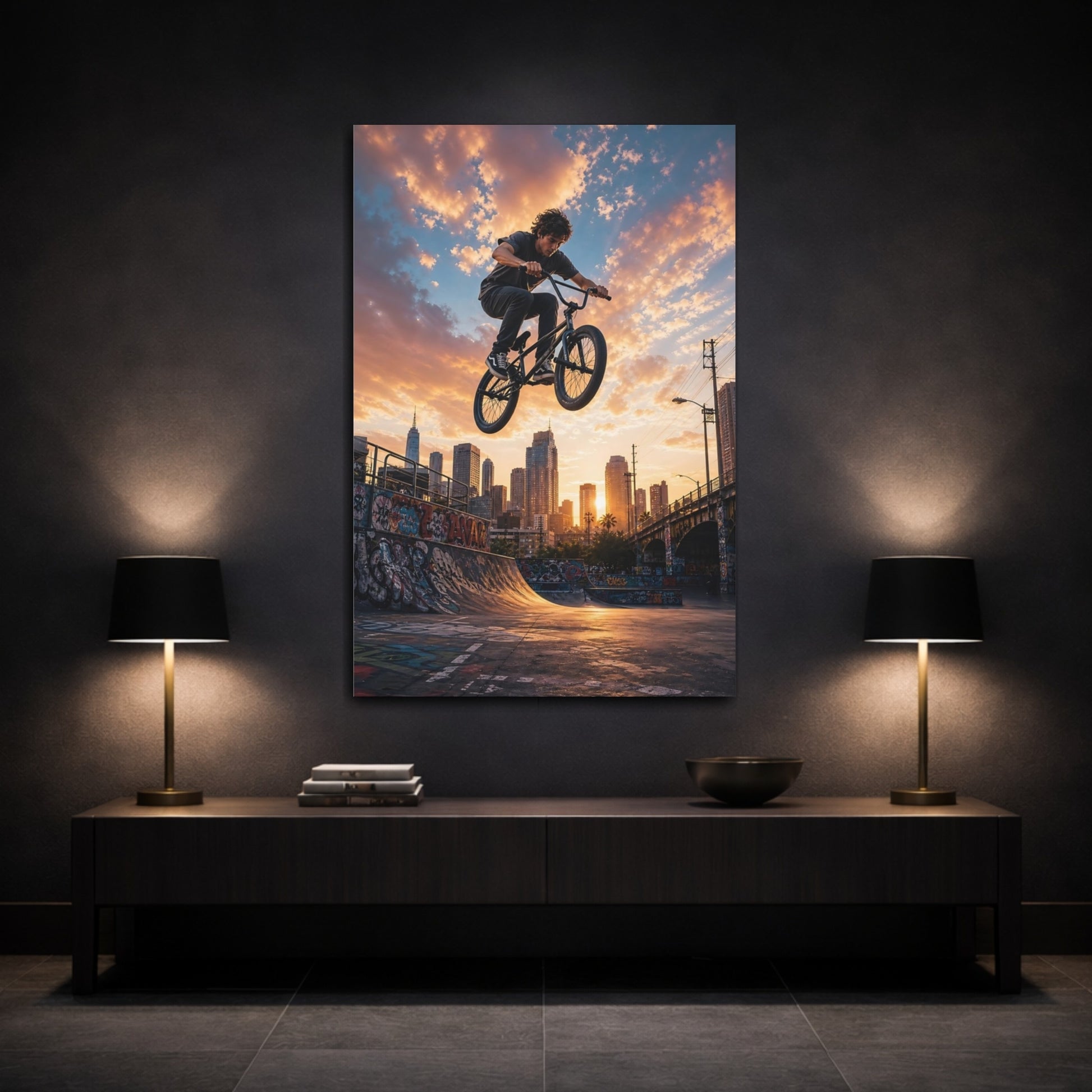 Sports Bmx Rider Urban Sunset Canvas Wall Art Print - Teen Room Decor, Statement shown as canvas wall art