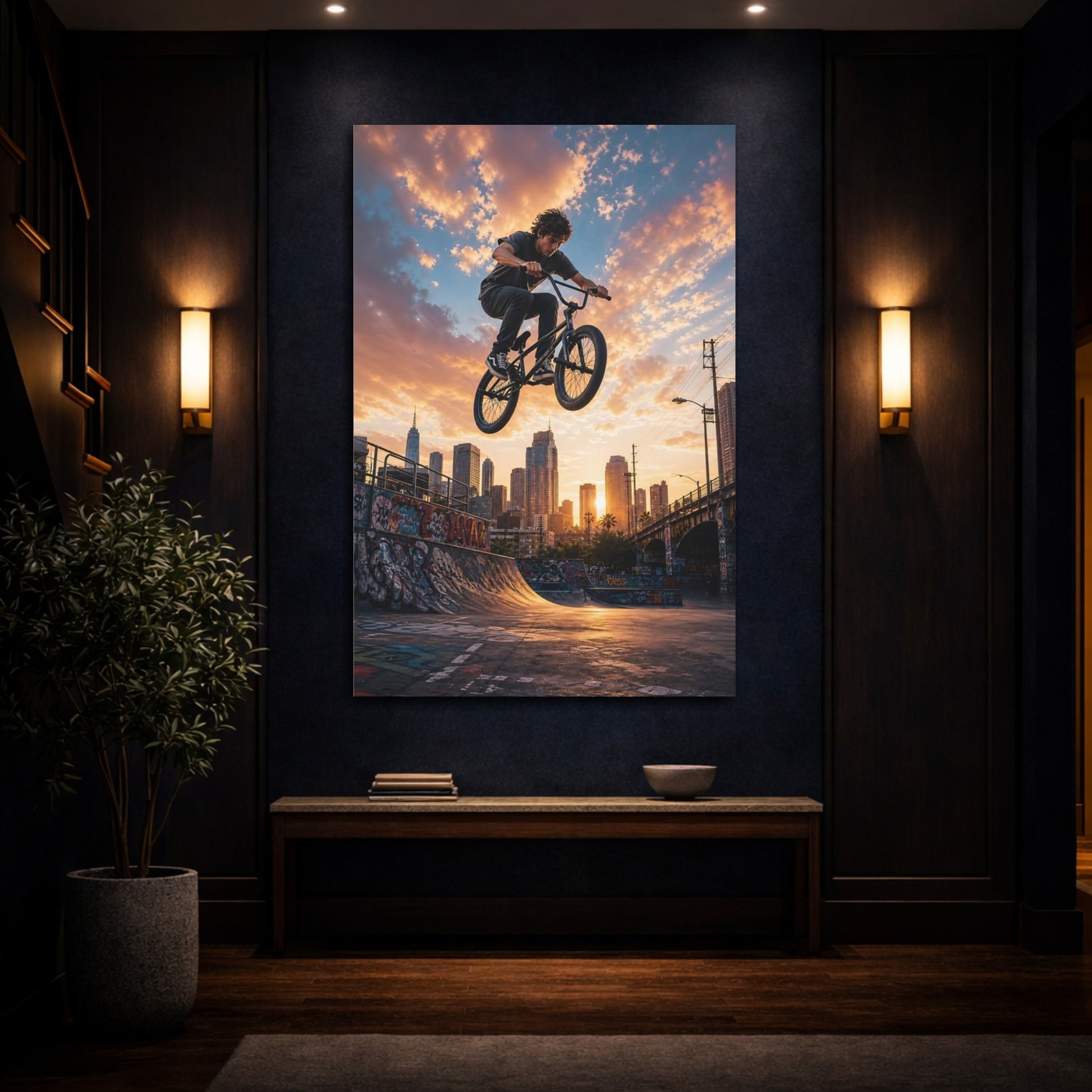 Sports Bmx Rider Urban Sunset Canvas Wall Art Print - Teen Room Decor, Statement shown as canvas wall art