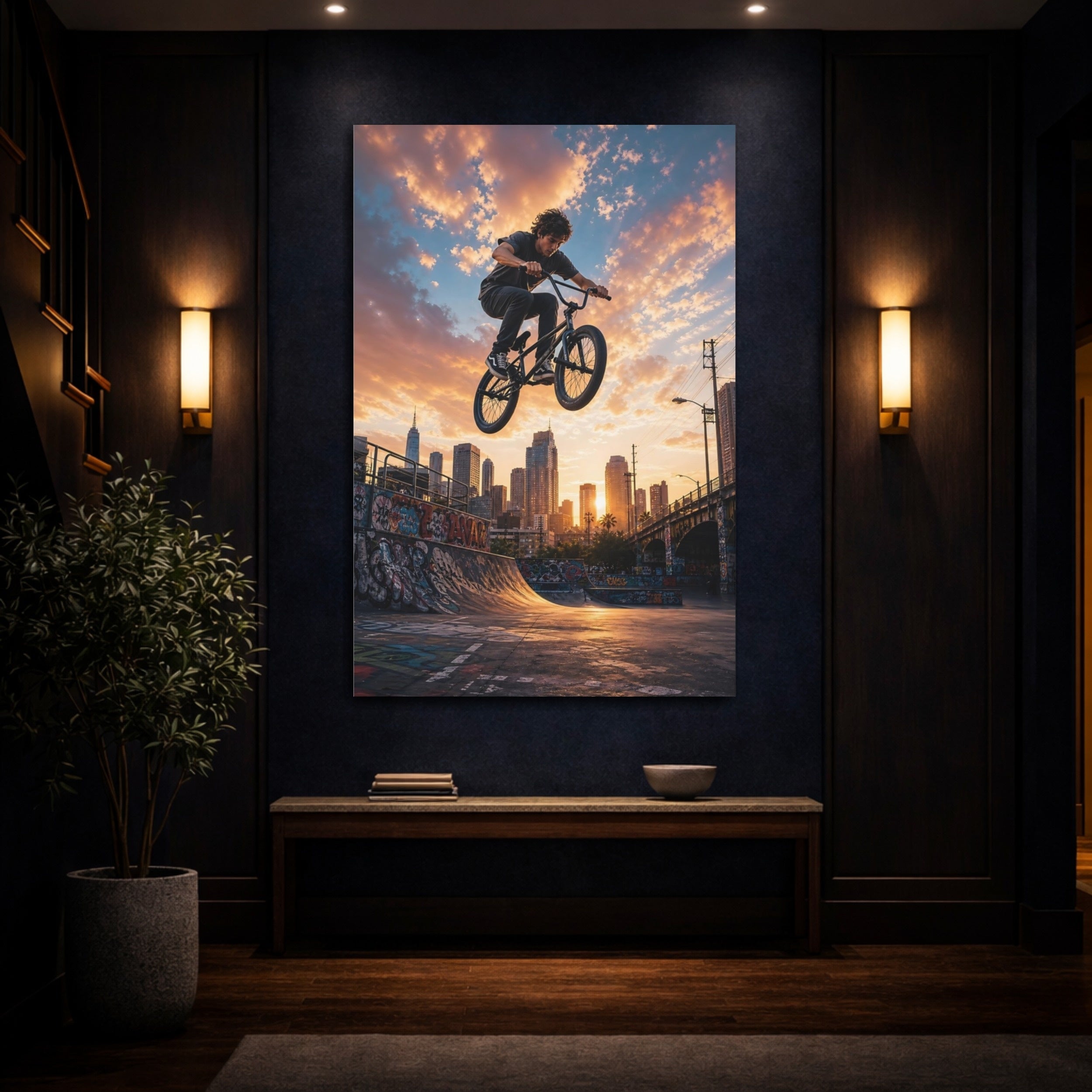 Mockup 4. Sports Bmx Rider Urban Bmx Sunset shown as stretched canvas wall art