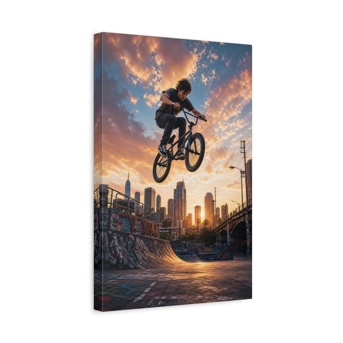 Side Mockup 4. Sports Bmx Rider Urban Bmx Sunset shown as stretched canvas wall art