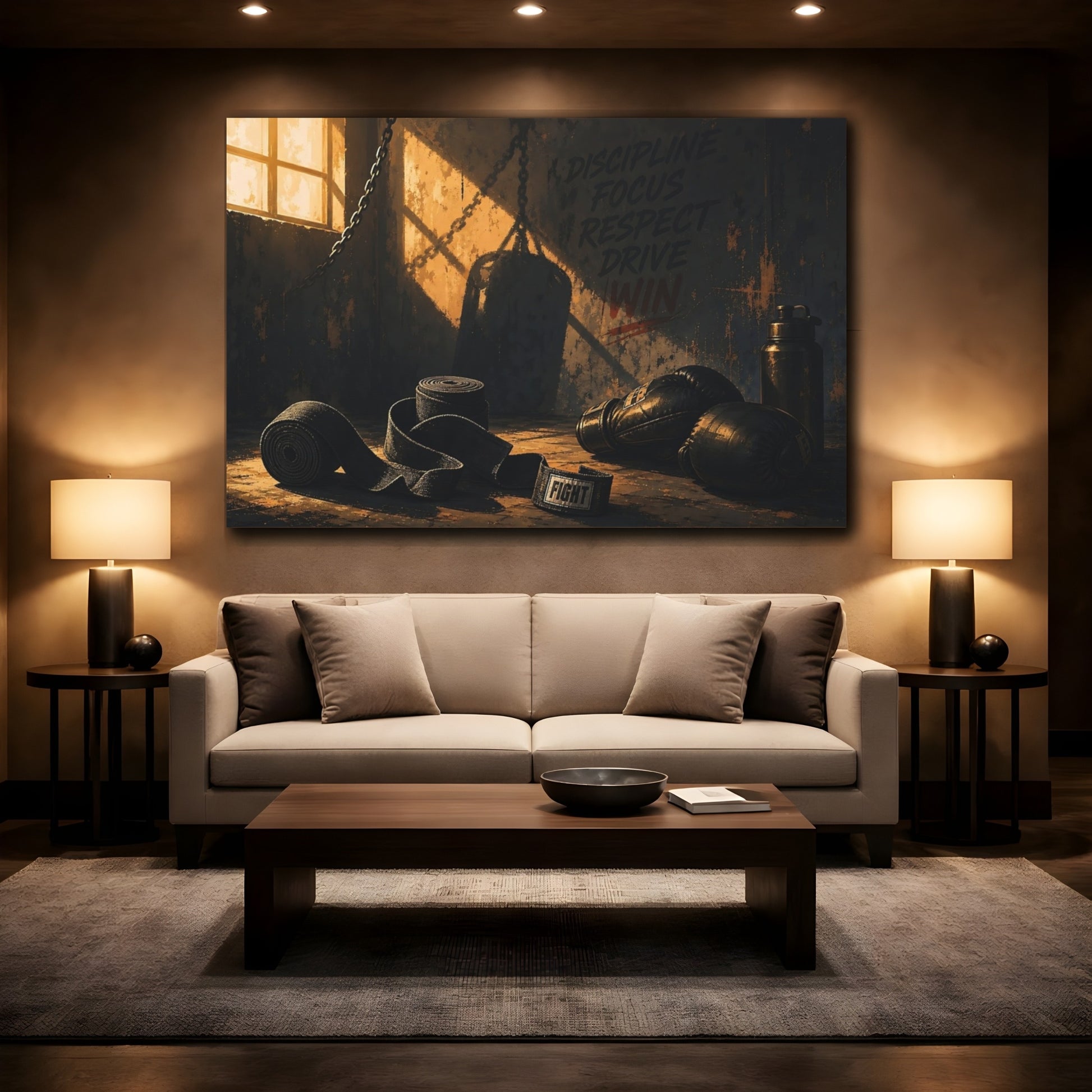 Mockup 2. Sports Boxing Gear Dark Boxing Gym shown as canvas print