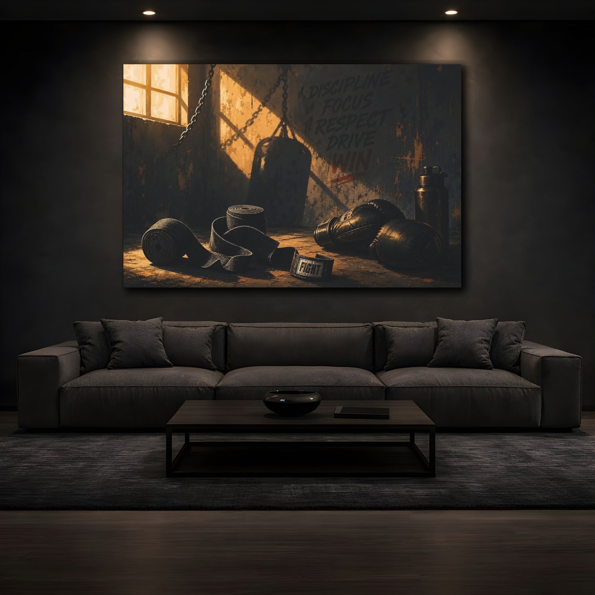Mockup 3. Sports Boxing Gear Dark Boxing Gym shown as canvas print