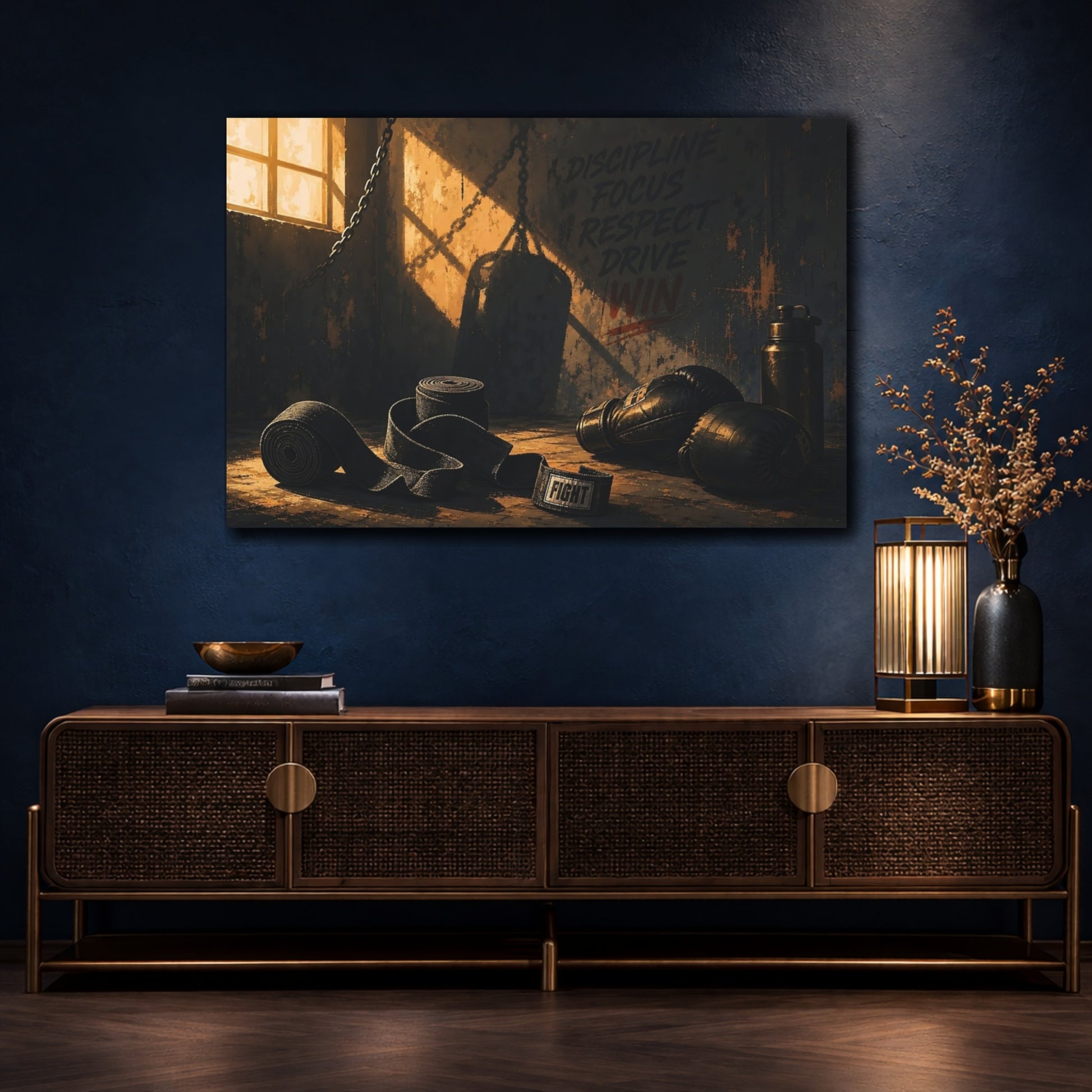Mockup 4. Sports Boxing Gear Dark Boxing Gym shown as canvas print