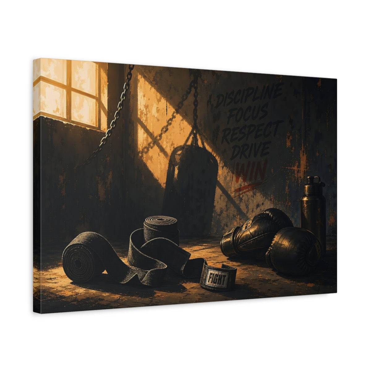 Side Mockup 3. Sports Boxing Gear Dark Boxing Gym shown as canvas print