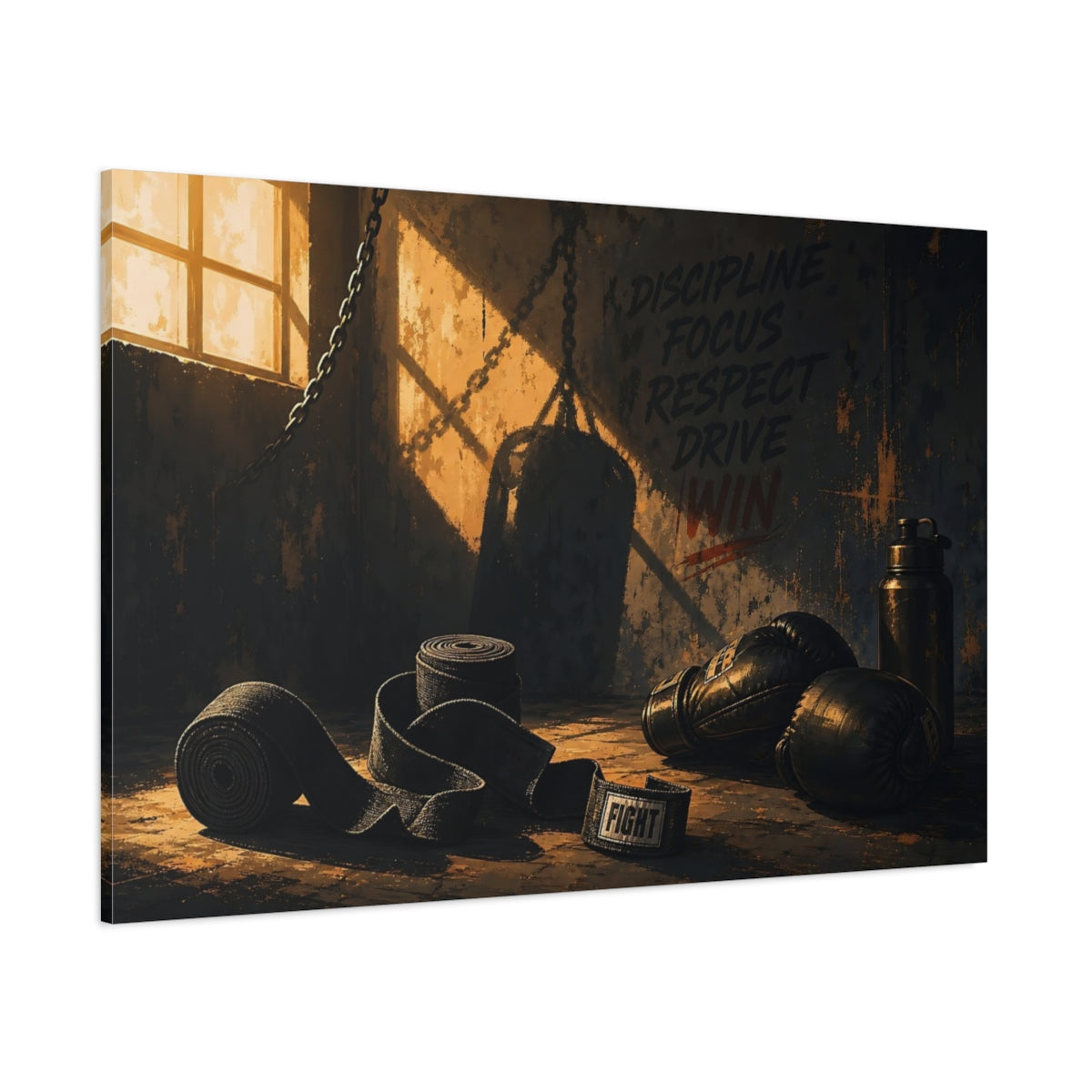 Side Mockup 1. Sports Boxing Gear Dark Boxing Gym shown as canvas print