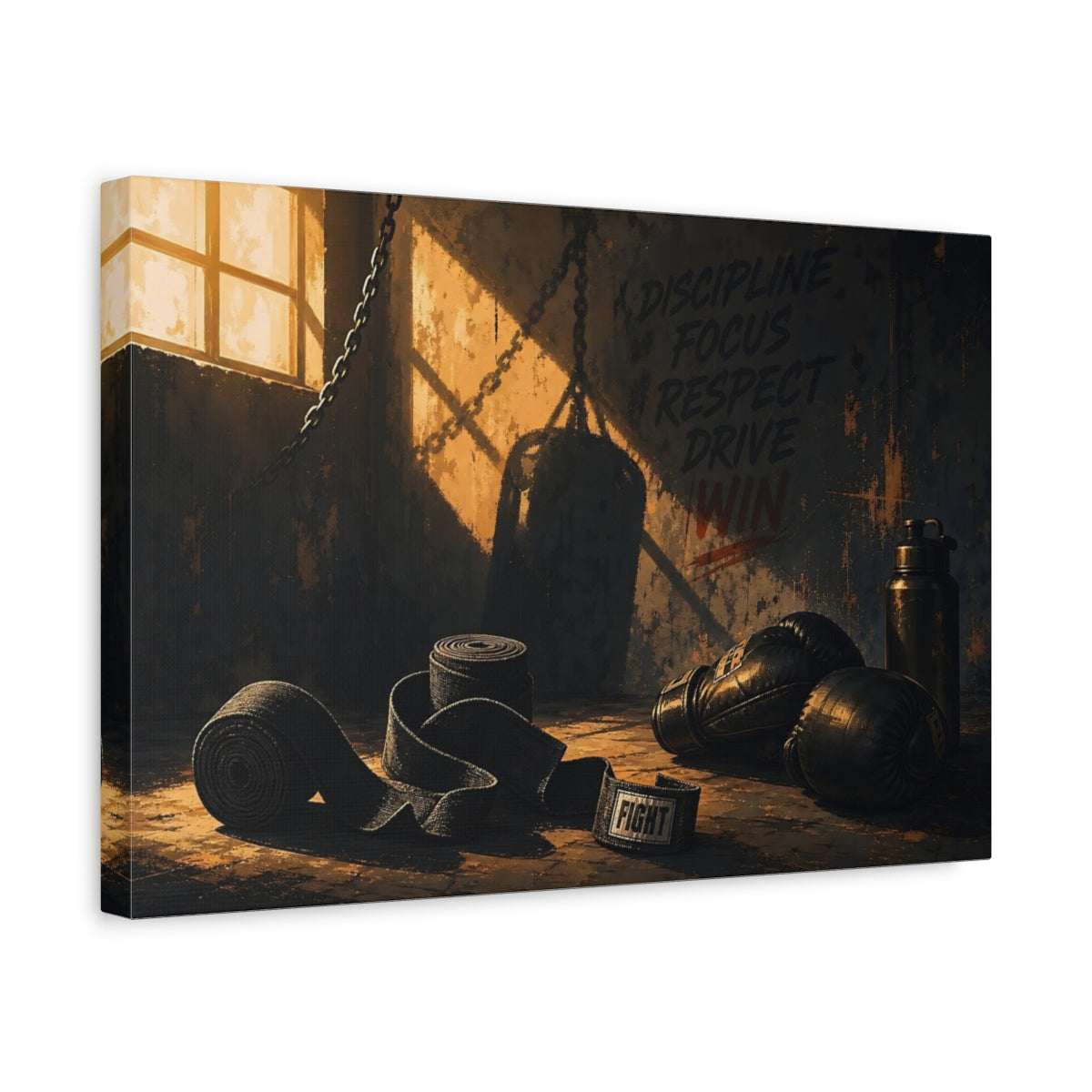 Side Mockup 4. Sports Boxing Gear Dark Boxing Gym shown as canvas print