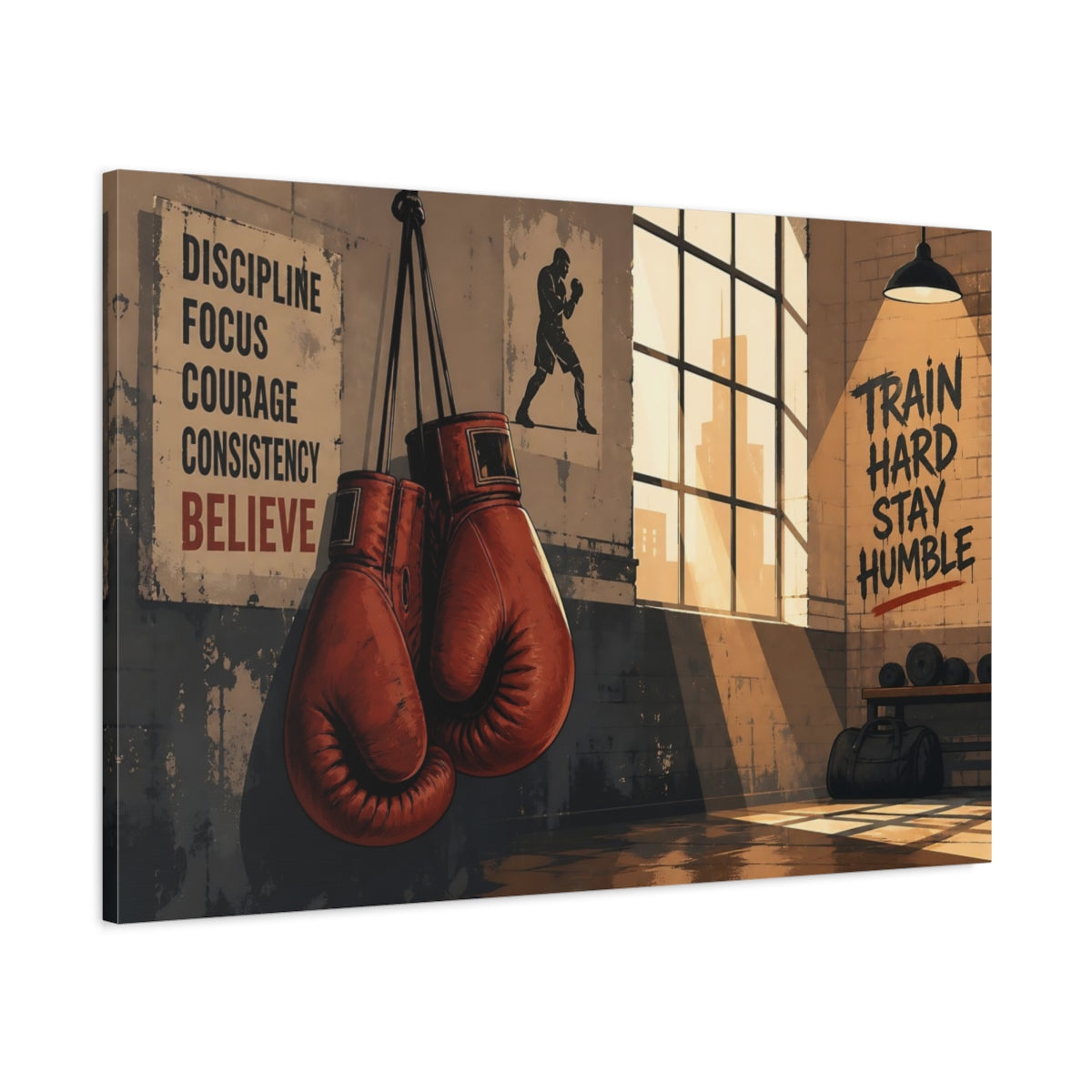 Main Mockup. Sports Boxing Gloves Brown And Orange shown as canvas print