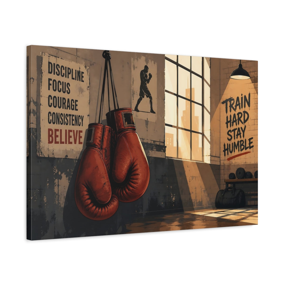Side Mockup 2. Sports Boxing Gloves Brown And Orange shown as canvas print