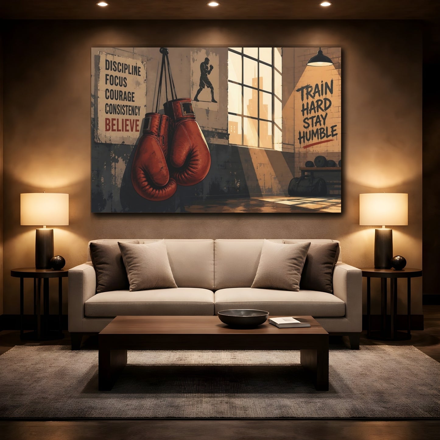 Mockup 2. Sports Boxing Gloves Brown And Orange shown as canvas print