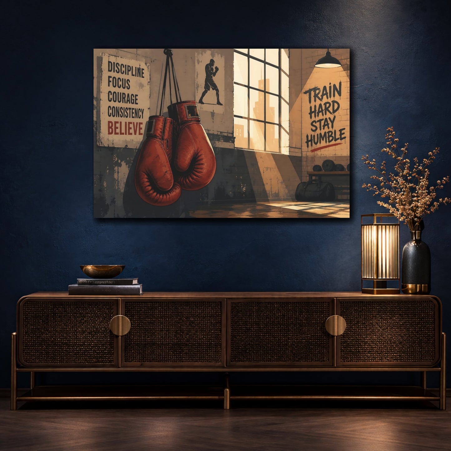 Mockup 4. Sports Boxing Gloves Brown And Orange shown as canvas print