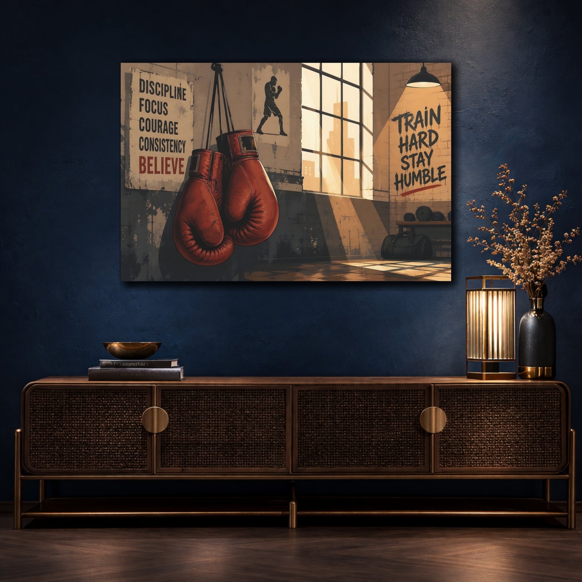 Mockup 4. Sports Boxing Gloves Brown And Orange shown as canvas print