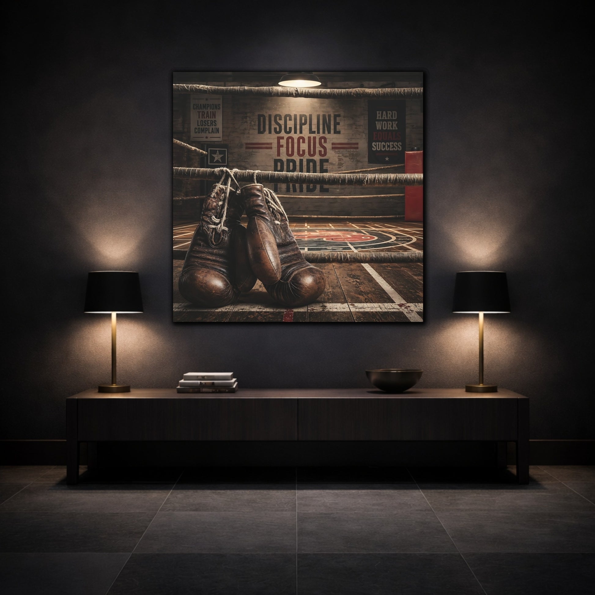 Mockup 3. Sports Boxing Gloves Brown Boxing shown as canvas print