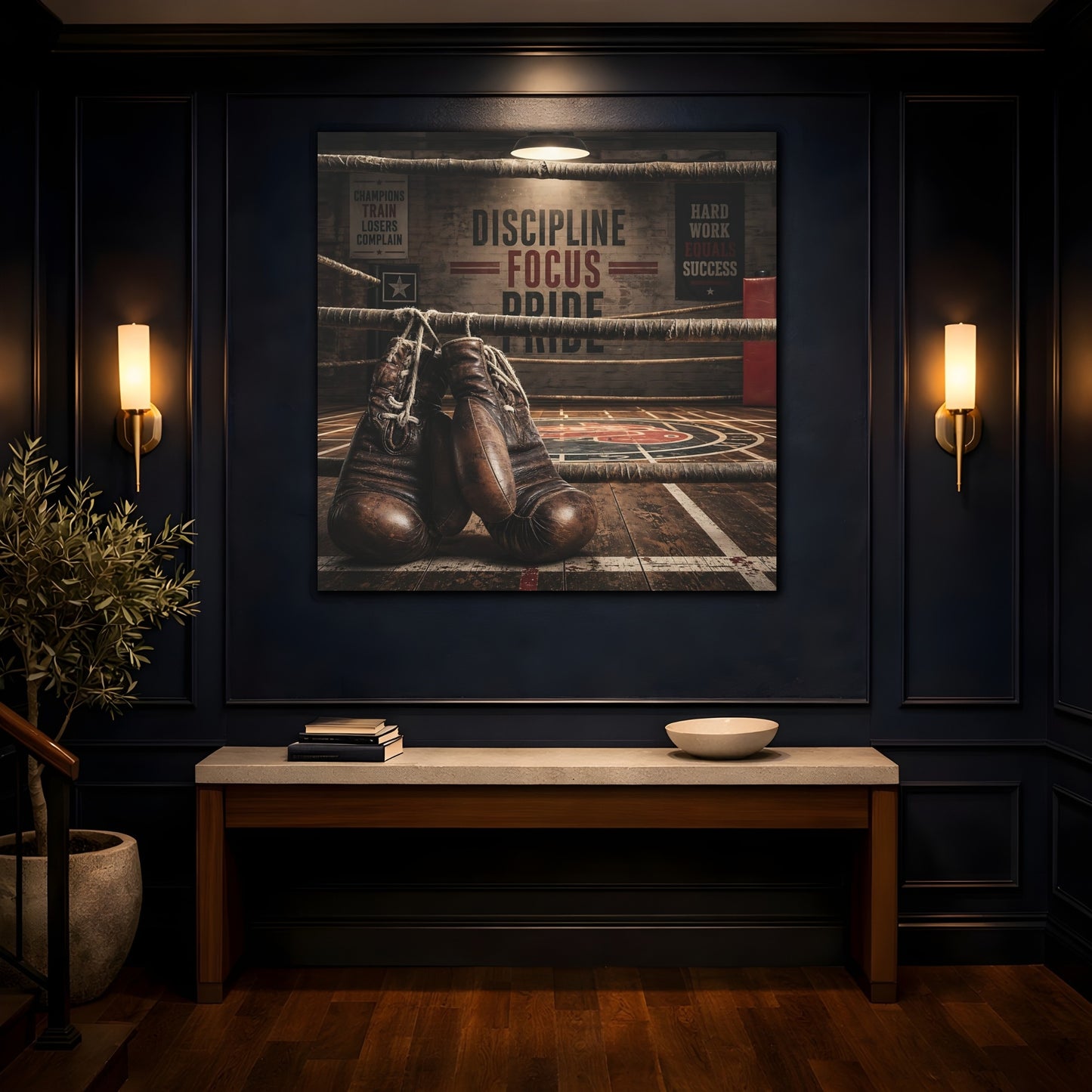 Mockup 4. Sports Boxing Gloves Brown Boxing shown as canvas print
