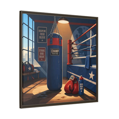 Main Mockup. Sports Boxing Gym Blue Red Boxing shown as framed canvas print