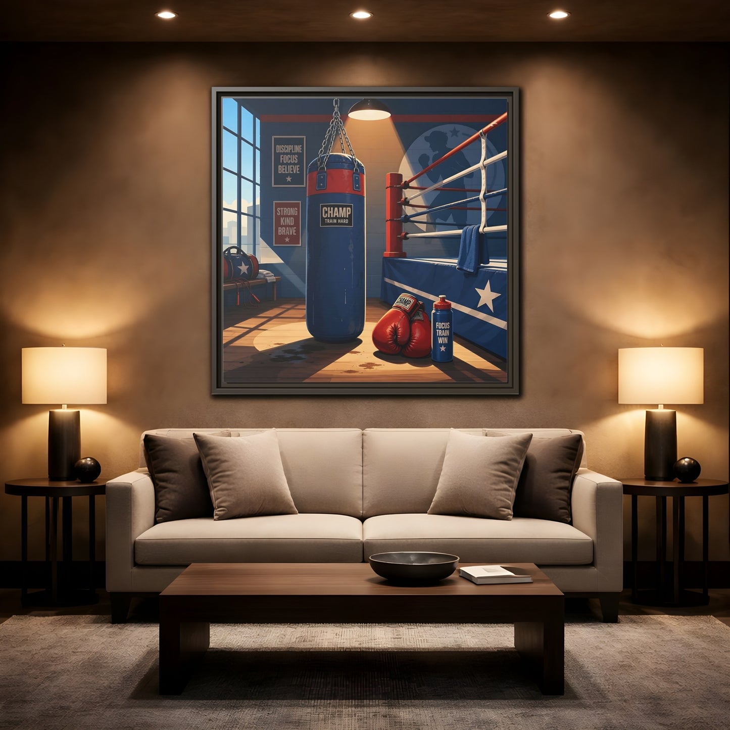 Mockup 2. Sports Boxing Gym Blue Red Boxing shown as framed canvas print