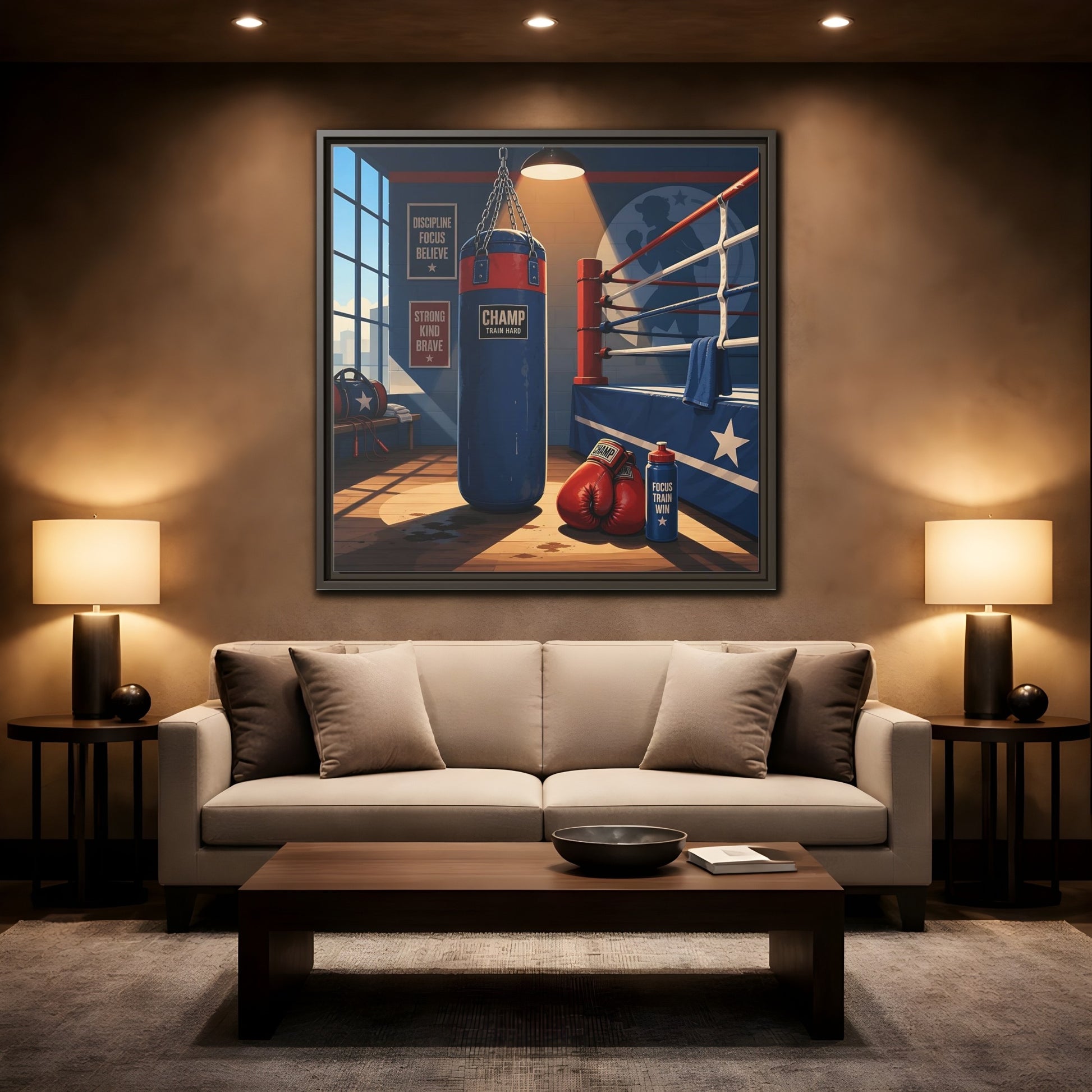 Mockup 2. Sports Boxing Gym Blue Red Boxing shown as framed canvas print
