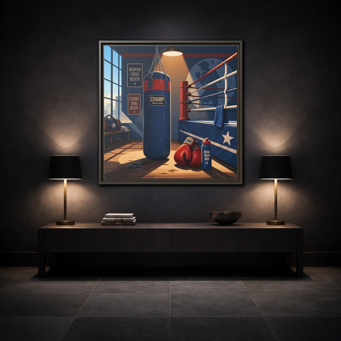 Mockup 3. Sports Boxing Gym Blue Red Boxing shown as framed canvas print
