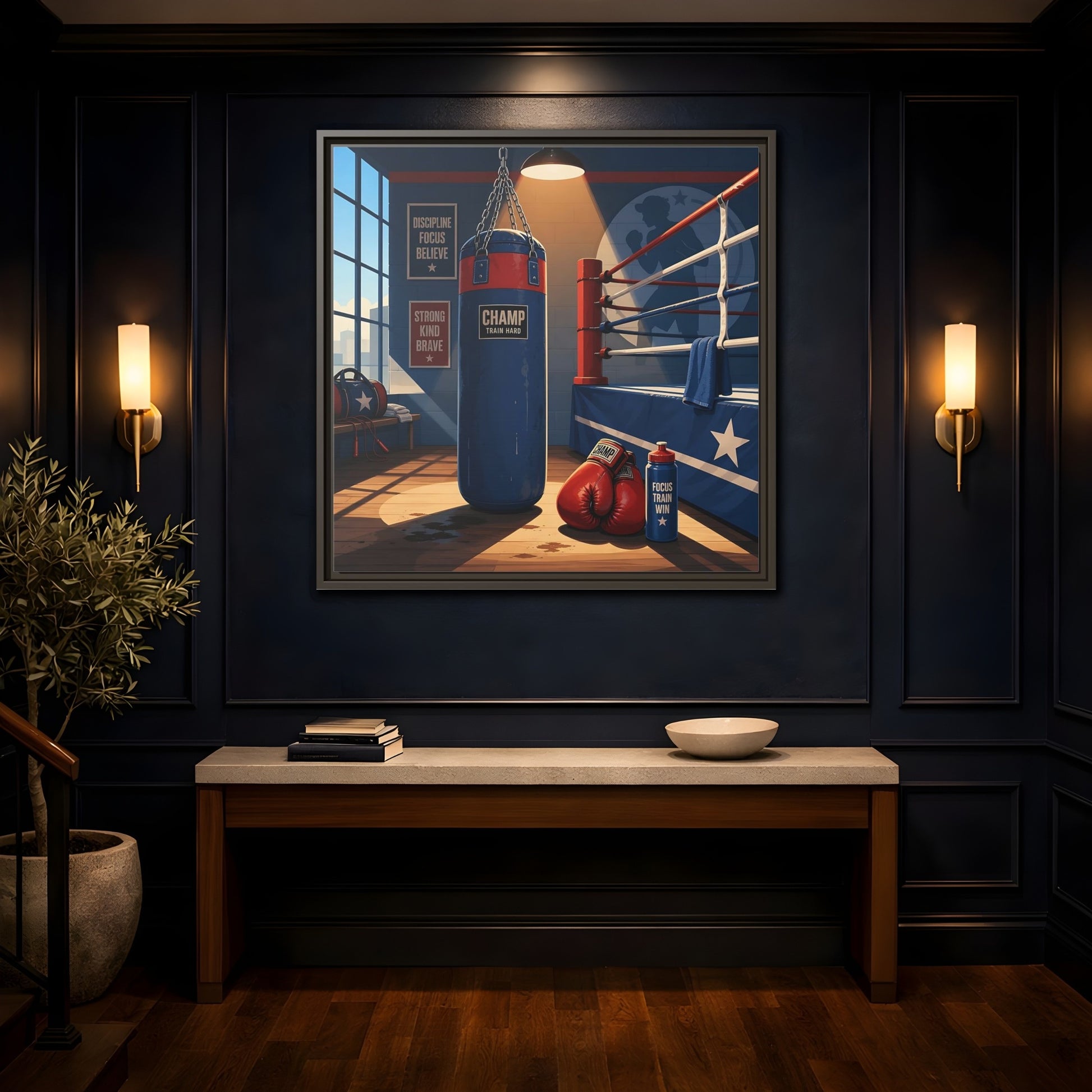 Mockup 4. Sports Boxing Gym Blue Red Boxing shown as framed canvas print
