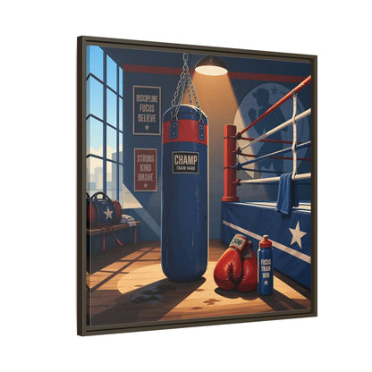 Side Mockup 8. Sports Boxing Gym Blue Red Boxing shown as framed canvas print