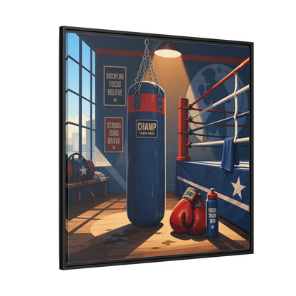 Side Mockup 6. Sports Boxing Gym Blue Red Boxing shown as framed canvas print