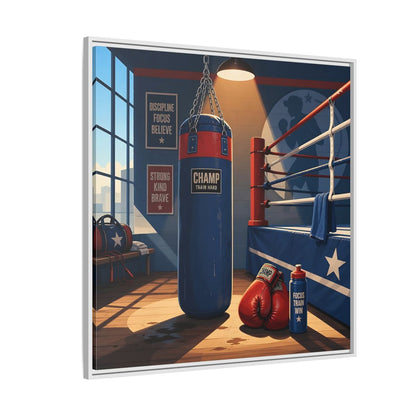Side Mockup 4. Sports Boxing Gym Blue Red Boxing shown as framed canvas print