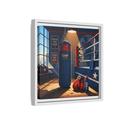 Side Mockup 16. Sports Boxing Gym Blue Red Boxing shown as framed canvas print