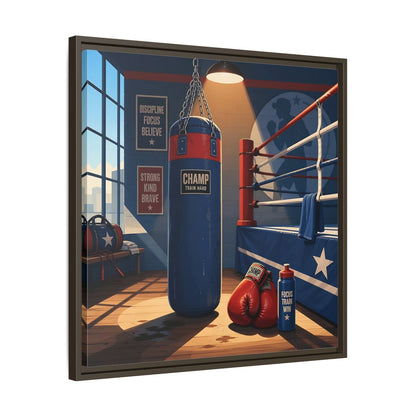 Side Mockup 27. Sports Boxing Gym Blue Red Boxing shown as framed canvas print